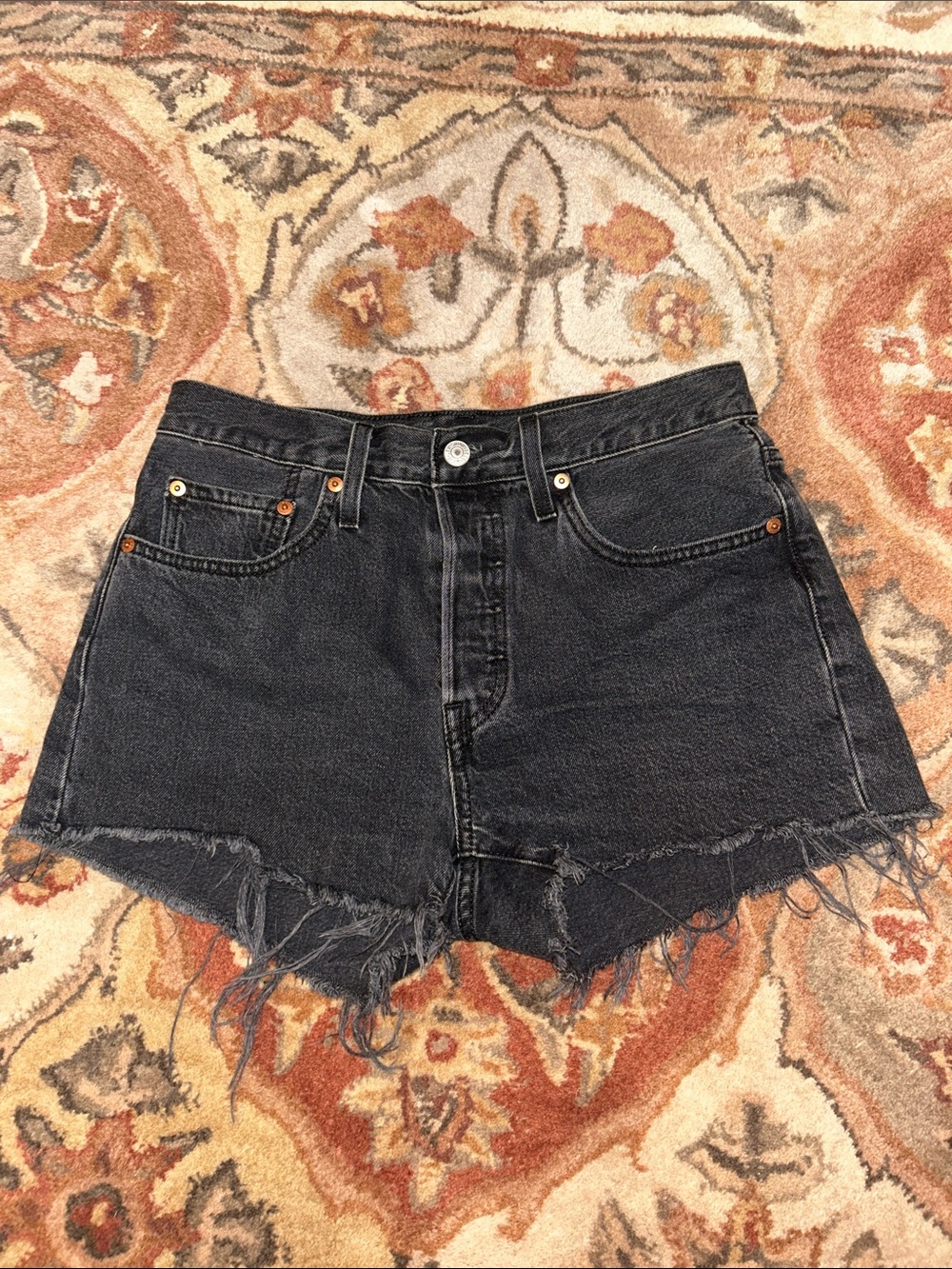 Levi’s Distressed Hem High-Rise Black Denim Cutoff Shorts 501